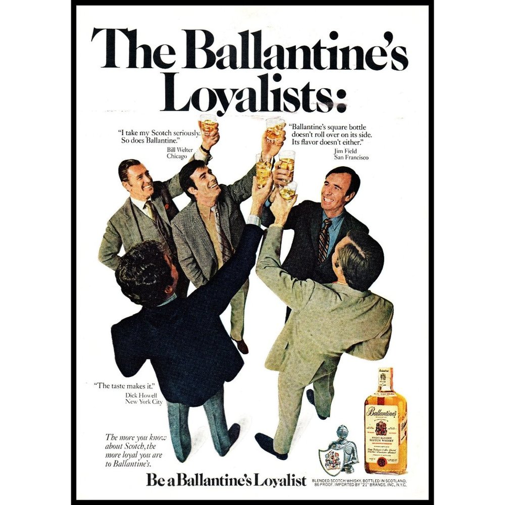 1970 Ballantine's Scotch Loyalists Vintage Print Ad Business Men Suits Wall Art